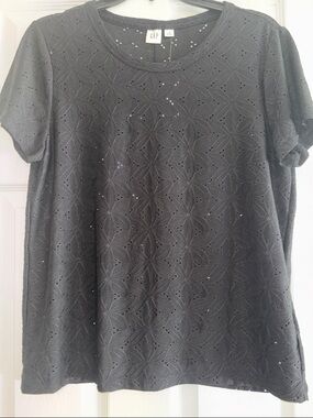 GAP Black Eyelet Short Sleeve Crewneck Top